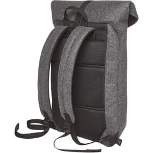 A grey backpack featuring padded shoulder straps and a textured back panel. It has a simple, modern design and includes branding.
