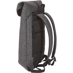 A grey backpack with a sleek design, featuring padded straps and a side pocket, has a logo on it.