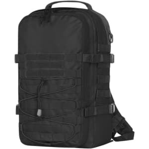 A black Molle notebook backpack featuring adjustable straps and a textured surface, complete with a logo.