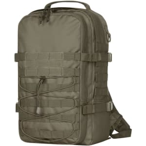 A green Molle notebook backpack with multiple straps and a durable design, featuring a logo on the front.