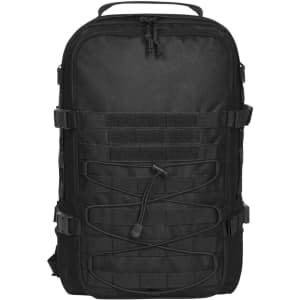 A black Molle notebook backpack featuring exterior straps and a sturdy handle, ideal for laptop storage.