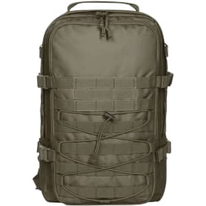 An olive green Molle Notebook Backpack featuring multiple straps and compartments. It includes a logo on the front.