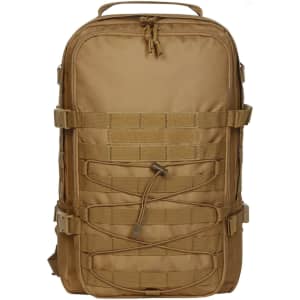 A tan Molle Notebook Backpack featuring multiple straps, compartments, and a logo on the front.