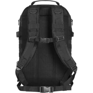 A black Molle Notebook Backpack featuring adjustable straps and a mesh back panel for comfort. It includes a logo.