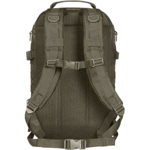 A military green Molle Notebook Backpack featuring padded shoulder straps and mesh back for comfort. It includes various attachments.