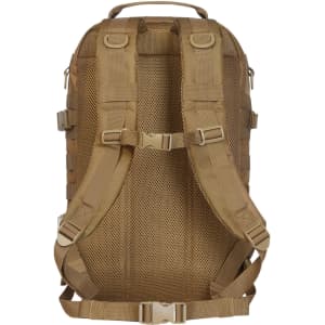 A tan Molle Notebook Backpack with padded shoulder straps and a mesh back panel, featuring attachment points.