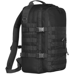 A black Molle Notebook Backpack featuring multiple straps and a textured exterior, with a sturdy design for carrying.