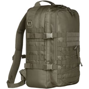 A green Molle Notebook Backpack with multiple straps and compartments, featuring a logo.