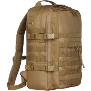A tan Molle Notebook Backpack with multiple straps and a textured finish. It features a logo on the front.