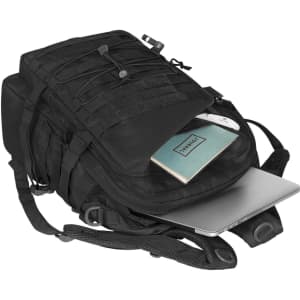 A black Molle notebook backpack with multiple compartments, including space for a laptop and a notebook.