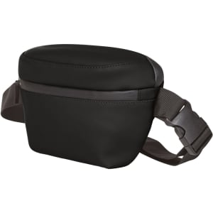 A black waist bag with a sleek design and adjustable strap, featuring a zipper pocket and a branded logo.