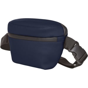 A navy bum bag with a sleek design, featuring a black strap and a zippered compartment. It has a branding logo.