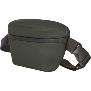 A dark green bum bag with a smooth exterior and an adjustable strap. It features a zippered compartment and a logo.