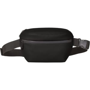 A black bum bag with a zippered compartment and an adjustable strap. Features a logo on the exterior.
