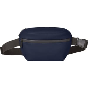 A navy waist bag with a zippered compartment and an adjustable strap. It features a simple, modern design.