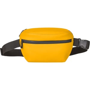 A yellow bum bag with a sleek design, featuring a black zipper and adjustable strap. It has a logo on the front.