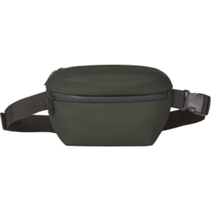 A dark green bum bag with a zippered compartment and an adjustable strap. It features a logo on the front.