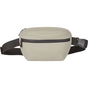 A light grey bum bag with a black zipper and adjustable strap. It has a simple design and a logo on the front.