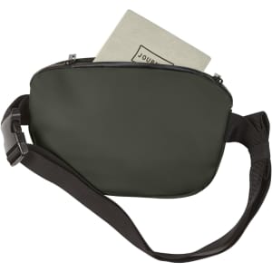 A green bum bag with a zippered compartment and an adjustable strap, featuring a logo on the front.