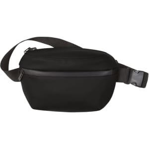 A sleek black bum bag with a textured finish and an adjustable strap. It features a zipper closure and has a branding logo.