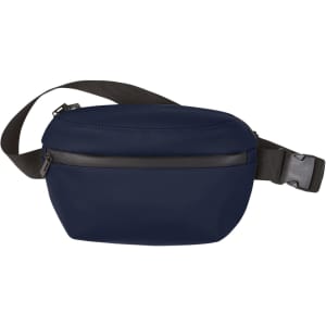 A navy bum bag with a smooth finish and an adjustable strap, featuring a front zipper pocket and a logo.