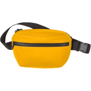 A yellow bum bag with a sleek design, featuring a black zip and adjustable strap. It also has a logo on the front.