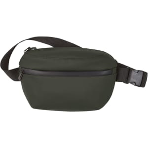 A dark green bum bag with a sleek design and adjustable strap, featuring a zippered compartment and a logo.