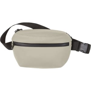 A cream-coloured bum bag with a dark zipper and an adjustable strap. It features a small branding logo.