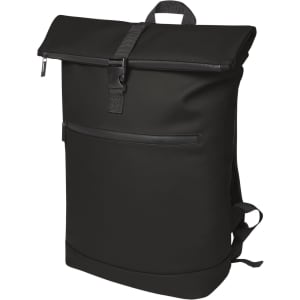 A black laptop backpack featuring a roll-top closure, adjustable straps, and a front zip pocket. It has a logo.