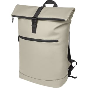 A cream and black Pure Laptop Backpack with a roll-top closure and front zip pocket. It features adjustable shoulder straps and a logo.