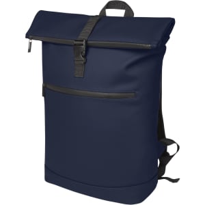 A navy blue laptop backpack featuring a roll-top design, adjustable straps, and a front zip pocket.