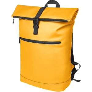 A yellow laptop backpack with a black zippered front pocket and adjustable straps. It features a roll-top closure.