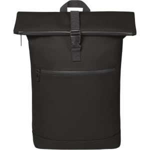 A sleek black laptop backpack with a roll-top closure and front zip pocket. It features a logo on the front.