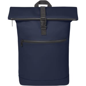 A navy blue laptop backpack featuring a roll-top closure, adjustable strap, and front zip pocket. It has a logo.