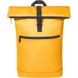 A yellow laptop backpack with a roll-top closure and a front zip pocket. It features a black strap and logo.
