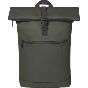A green laptop backpack with a roll-top design, featuring a front zip pocket and a logo.