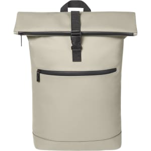 A stylish beige laptop backpack with a top flap, front zipper pocket, and a logo on the front.