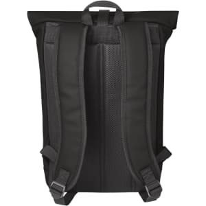 A black laptop backpack with padded shoulder straps and a roll-top design, featuring a logo on the back.