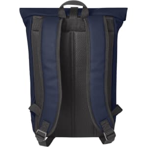 A navy blue laptop backpack featuring padded shoulder straps and a textured back panel. It includes adjustable straps.