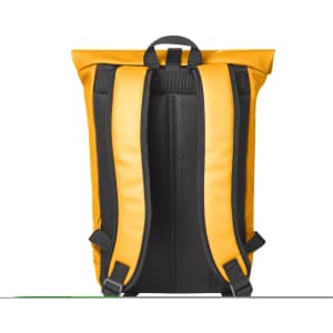 A yellow and black laptop backpack with padded shoulder straps and a roll-top design. It features a logo on the exterior.