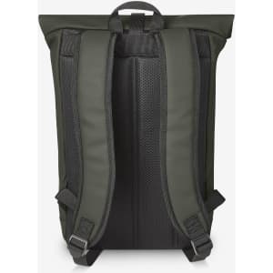 A green laptop backpack featuring padded, adjustable straps and a structured design. The back is sleek and minimalist.