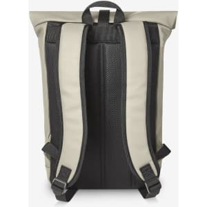 A laptop backpack in grey and black with padded straps and a roll-top design, featuring a branding logo.