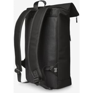 A black laptop backpack with padded straps and a textured back, featuring a logo on one side.