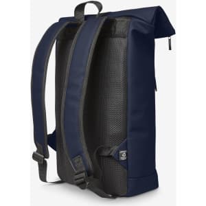 A navy blue laptop backpack featuring padded shoulder straps and a textured back panel. It has a logo on the side.