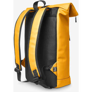 A yellow and black laptop backpack with padded straps and a roll-top design. It features a logo on the side.