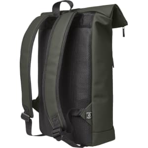 A dark green laptop backpack featuring padded straps and a mesh back panel. The bag has a simple, modern design.