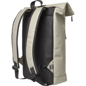 A laptop backpack in beige and black with adjustable straps and a roll-top design. Features a logo.
