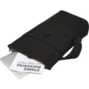 A black laptop backpack featuring a zippered compartment with a laptop and documents partially visible inside. It has a logo.