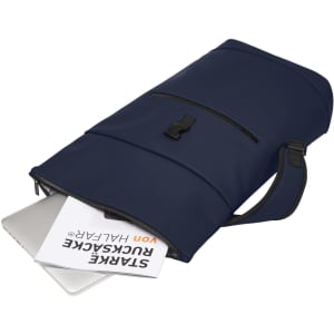 A navy laptop backpack with a front pocket, open to reveal a laptop and documents inside. It has a logo on it.