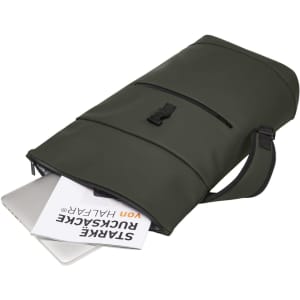 A dark green laptop backpack with a front pocket, holding a laptop and stationery inside. It has a logo.